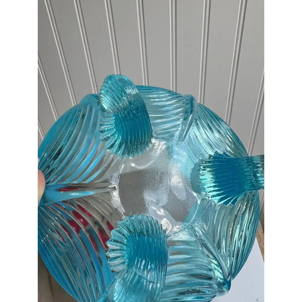 Fenton Blue Opalescent Glass Three Footed Rose Bowl Vase Drape Design